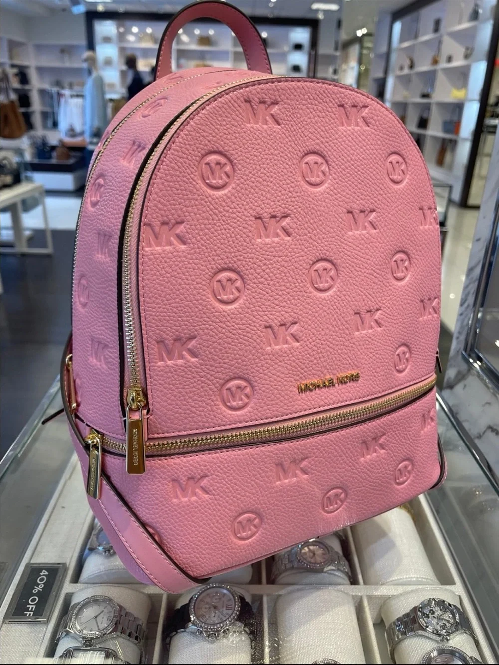 Michael Kors Pink Embossed MK Pebbled Leather Mini Backpack